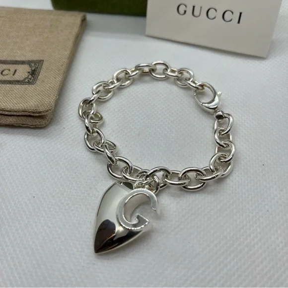 GUCCI Sterling Silver G Heart Charm Bracelet 925 Italy - Picture 2 of 10